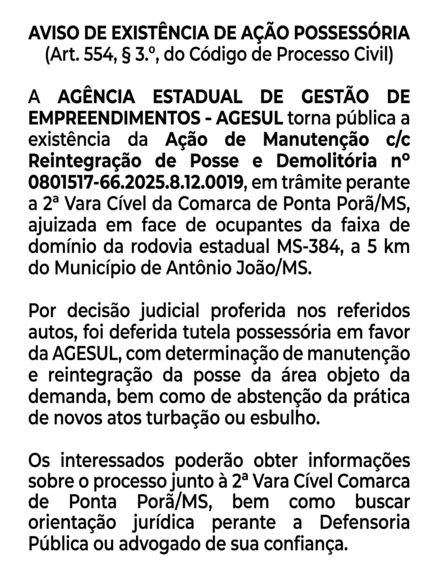 informe-oficial:-determinacao-judicial-de-reintegracao-de-posse-na-ms-384,-em-antonio-joao